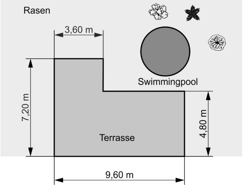 Grundriss eines Gartens mit Rasen, Terrasse, Swimmingpool und Maßangaben.